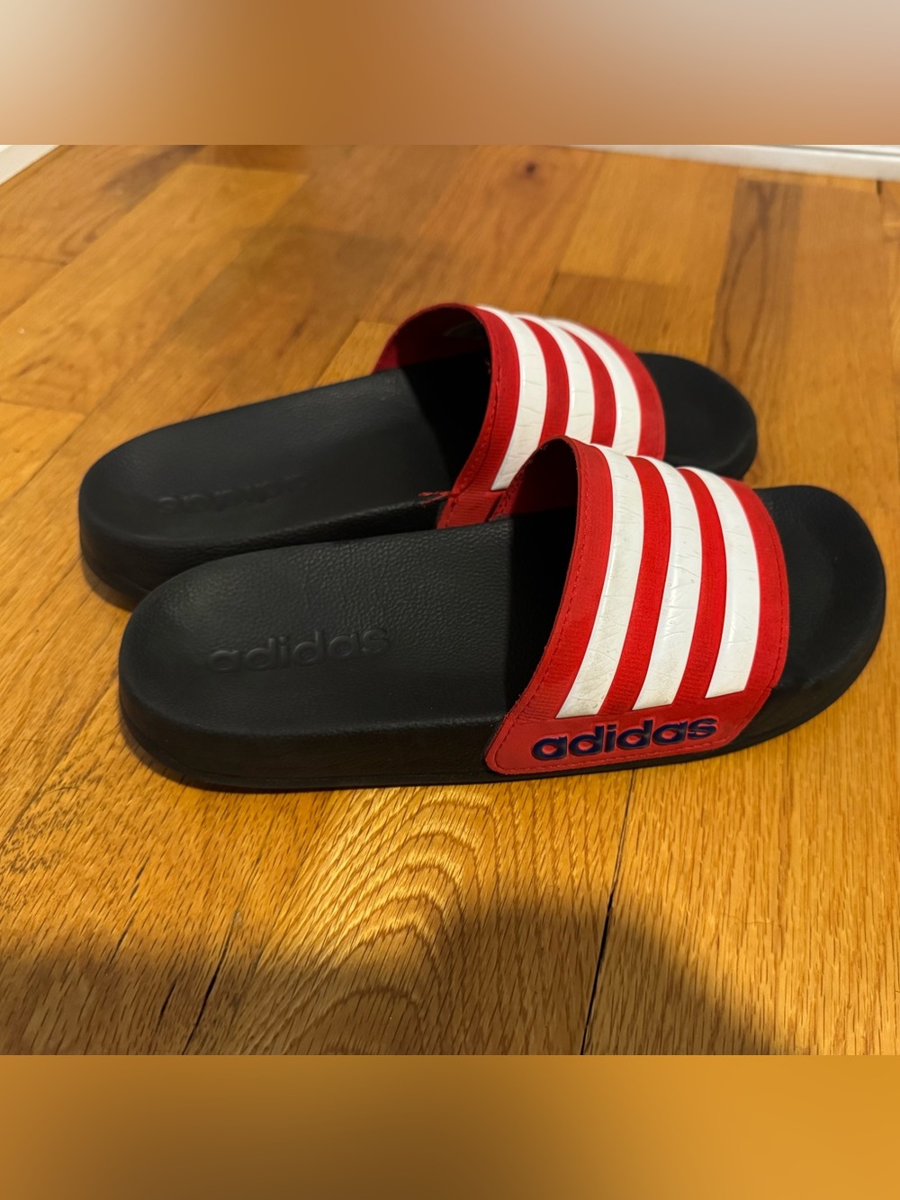 adidas Kids Red and White Strap Slide Sandals with Black Footbed